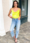 Culebra Satin Cowl Neck Tank-Lime-Hand In Pocket