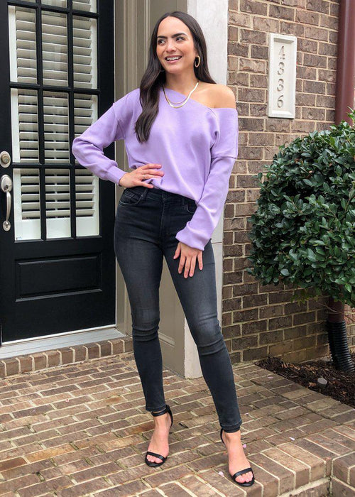 Line + Dot Favorite Off Shoulder Sweater- Lilac-Hand In Pocket