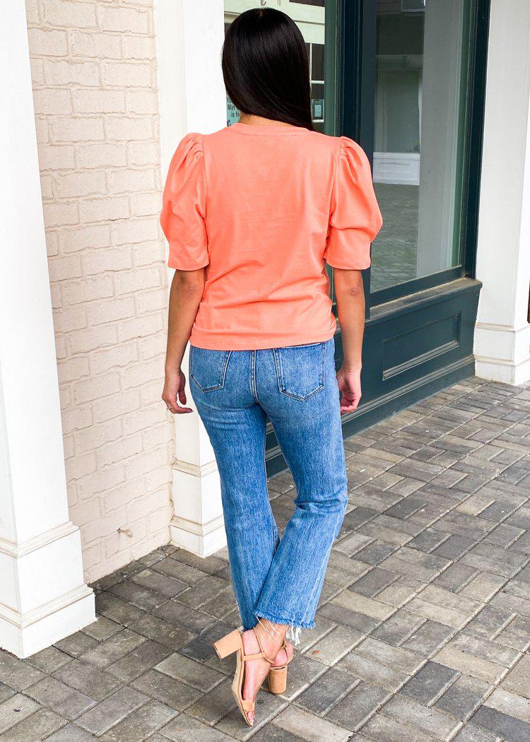 Sanibel Puff Sleeve Tee-Peach-Hand In Pocket