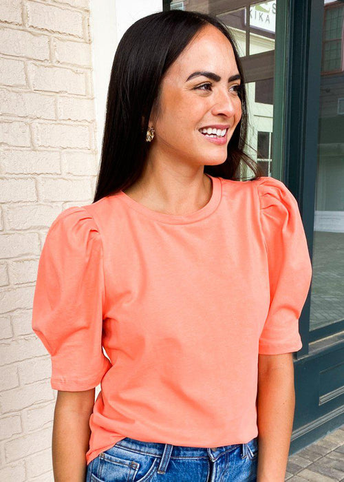 Sanibel Puff Sleeve Tee-Peach-Hand In Pocket