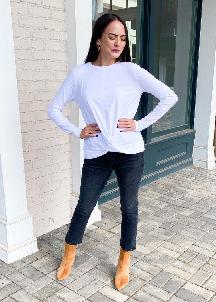 Bobi Long Sleeve Crew Neck Twist Front Tee-White-Hand In Pocket