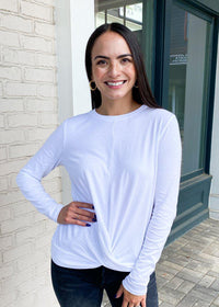 Bobi Long Sleeve Crew Neck Twist Front Tee-White-Hand In Pocket