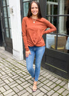 Bobi Long Sleeve Crew Neck Twist Front Tee-Rosewood-***FINAL SALE***-Hand In Pocket