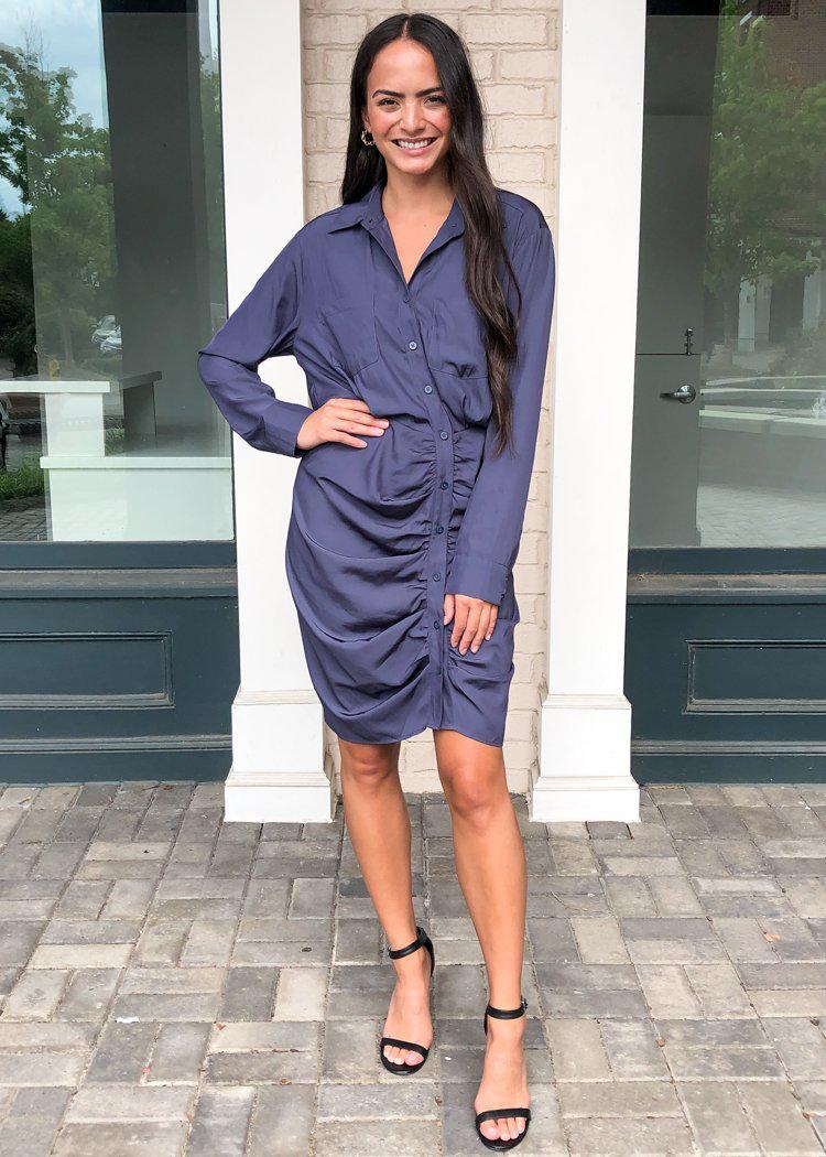 Cicely Long Sleeve Ruched Shirtdress-Slate Charcoal ***FINAL SALE***-Hand In Pocket