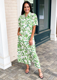 Palawan Tropical Print Button Front Collard Shirt Dress-Green-Hand In Pocket