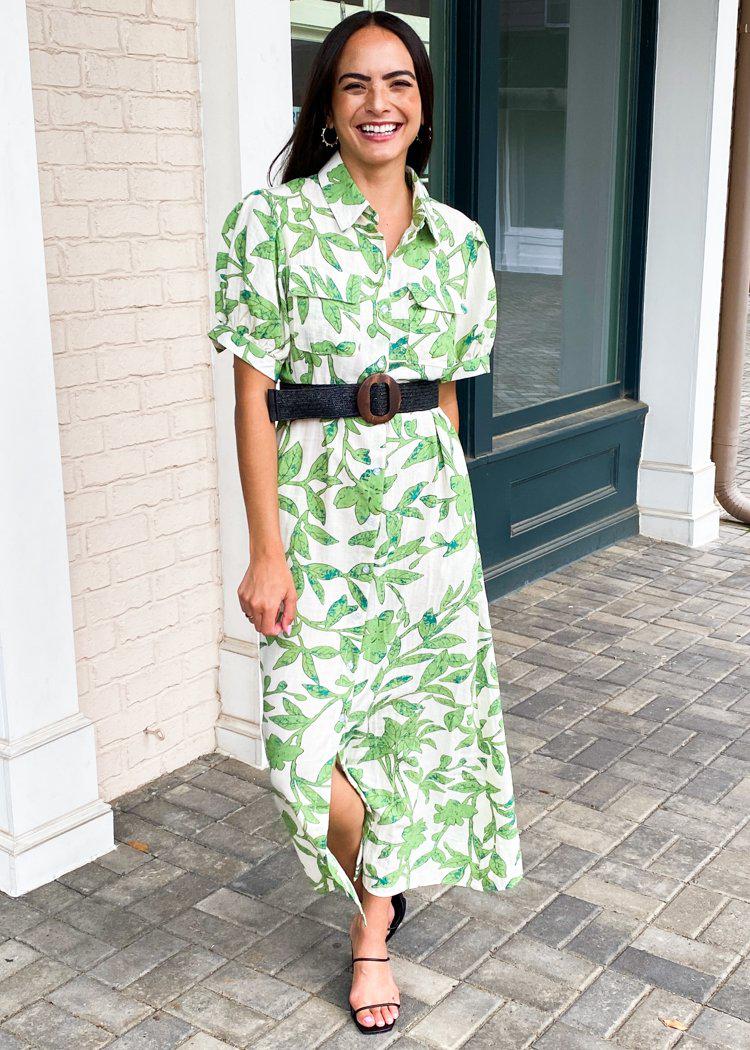 Palawan Tropical Print Button Front Collard Shirt Dress-Green-Hand In Pocket