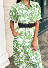 Palawan Tropical Print Button Front Collard Shirt Dress-Green-Hand In Pocket