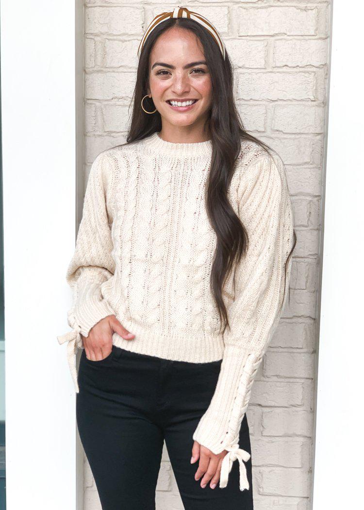 525 America Lace Up Sleeve Cable Knit Sweater-Oatmeal ***FINAL SALE***-Hand In Pocket