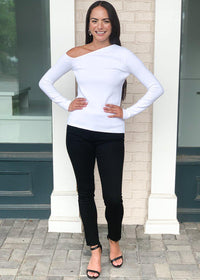 525 America Asymmetric Open Shoulder Knit Top-White-Hand In Pocket