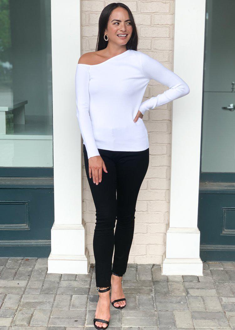 525 America Asymmetric Open Shoulder Knit Top-White-Hand In Pocket