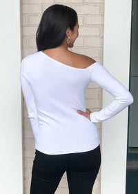 525 America Asymmetric Open Shoulder Knit Top-White-Hand In Pocket