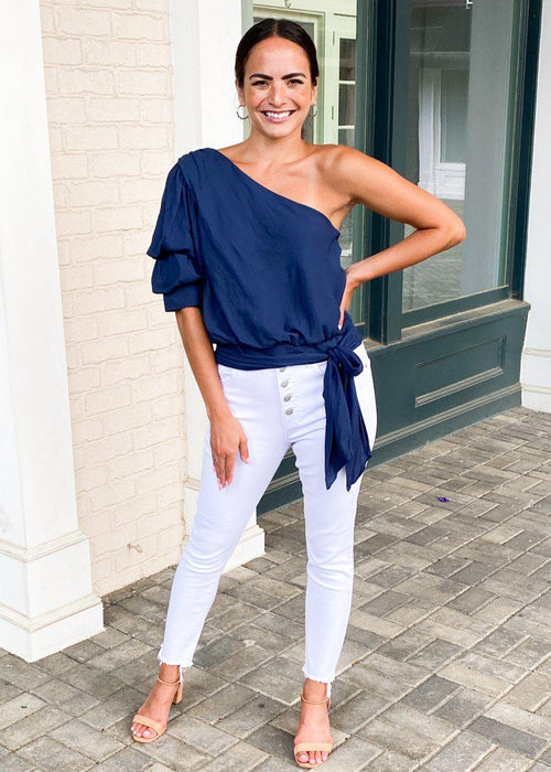 Jada One Shoulder Wrap Detail Top- Midnight Blue-Hand In Pocket