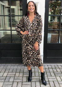 Karlie "Abella" Leopard Puff Sleeve V Neck Midi-***FINAL SALE***-Hand In Pocket