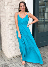 BB Dakota Been So Long Tiered Maxi Dress-Teal-Hand In Pocket