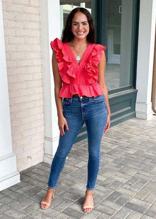 Janeiro Ruffled Double V Top- Poppy-Hand In Pocket