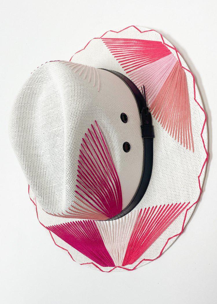 Palma Cuadri Maguey Ambianco Pink on White Hat-Hand In Pocket