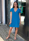 Bobi Short Sleeve V Neck Center Seam T-shirt Dress - Tide-Hand In Pocket