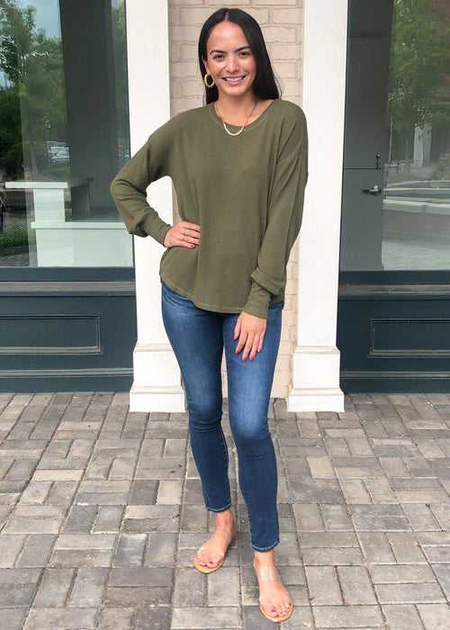 PJ Salvage Peachy in Color Long Sleeve Pullover - Olive-Hand In Pocket