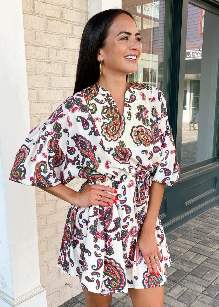 Porlamar Paisley Long Sleeve Dress-Hand In Pocket