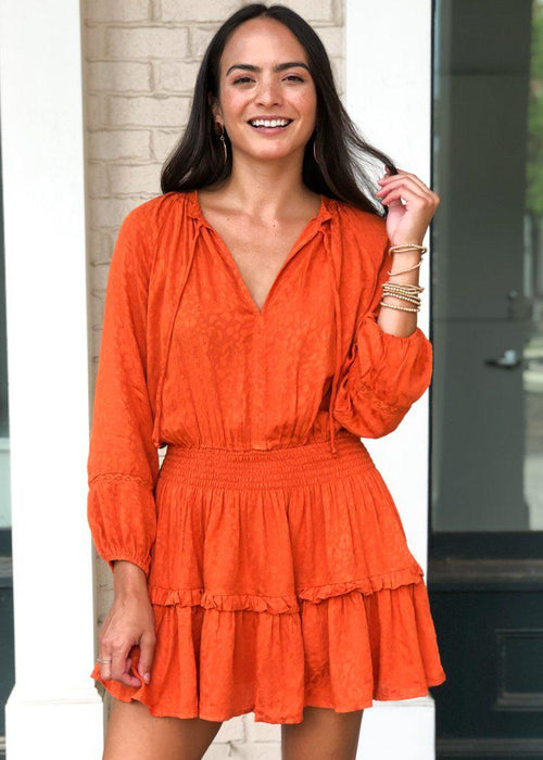 Sunset Safari 3/4 Sleeve Smocked Waist Dress-Hand In Pocket