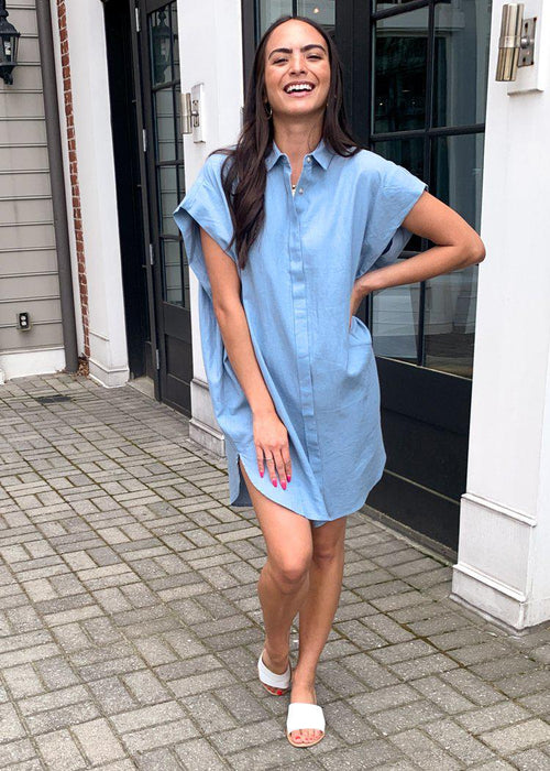 See U Soon Andres Slouchy Button Down Shirt Dress - Blue-Hand In Pocket