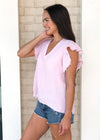 Stark X V Neck Ruffle Sleeve Gauzy Blouse - Pink-Hand In Pocket