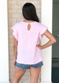 Stark X V Neck Ruffle Sleeve Gauzy Blouse - Pink-Hand In Pocket