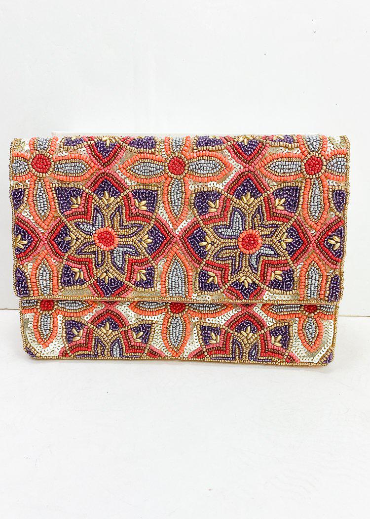 Boda "Floral" Beaded Clutch-Hand In Pocket