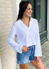 Bobi Long Sleeve Cropped Polo Tee-White-Hand In Pocket