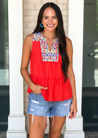 THML Barbados Embroidered Bib Top - Red-***FINAL SALE***-Hand In Pocket