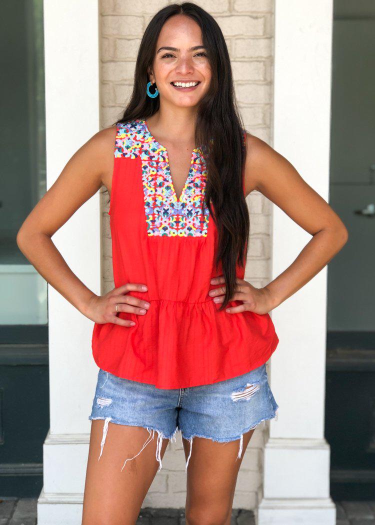 THML Barbados Embroidered Bib Top - Red-***FINAL SALE***-Hand In Pocket