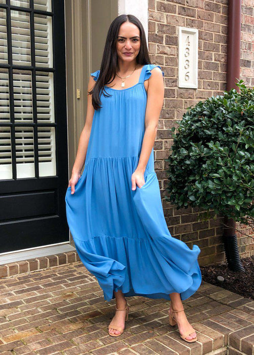 BB Dakota Under the Sun Tiered Midi Dress - Blue Frosting-Hand In Pocket