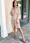 Antonia Long Sleeve Ruched Tie Waist Shirtdress-Taupe ***FINAL SALE***-Hand In Pocket