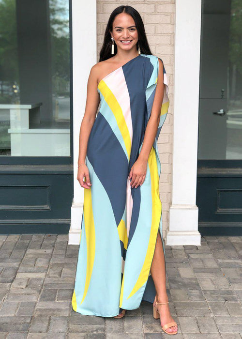 Windemere One Shoulder Colorblock Maxi Dress-Mint ***FINAL SALE***-Hand In Pocket