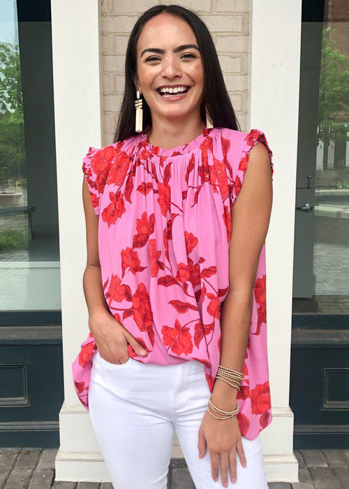 Karlie Hibiscus Ruffle Sleeve Tunic-Hand In Pocket