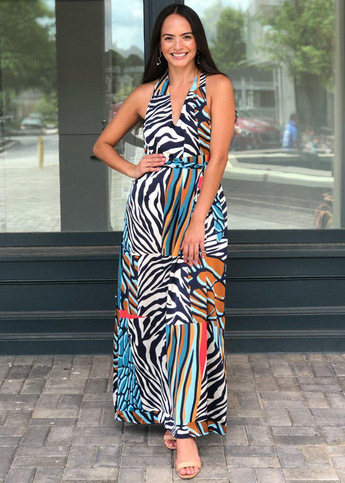 Zaire Animal Print Halter Maxi Dress-Hand In Pocket