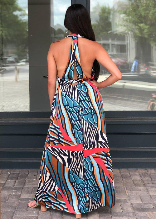 Zaire Animal Print Halter Maxi Dress-Hand In Pocket