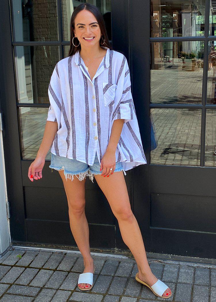 Stark X Girlfriend Button Front S V Neck Oversized Striped Blouse-***FINAL SALE***-Hand In Pocket