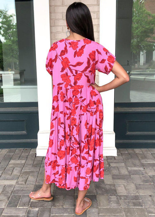 Karlie Hibiscus Tiered Midi Dress - Pink Floral-Hand In Pocket