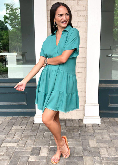 West Port Tiered Shirtdress - Teal-Hand In Pocket