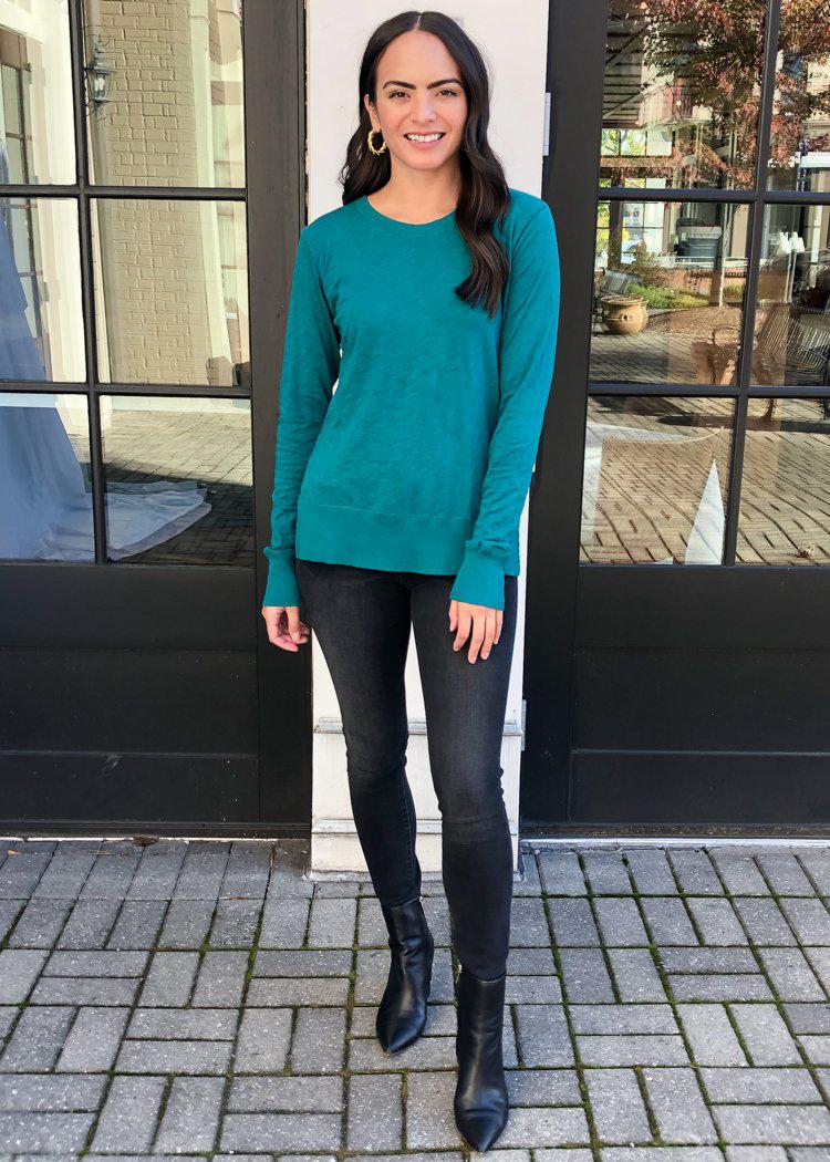 Bobi Essential Long Sleeve Crew Neck Tee - Jade-Hand In Pocket