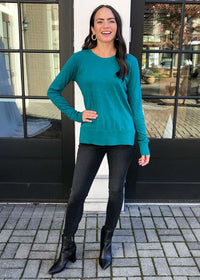 Bobi Essential Long Sleeve Crew Neck Tee - Jade-Hand In Pocket