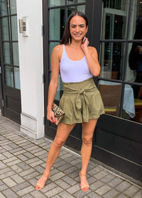 ASTR The Label Marika Belted Shorts-Olive-Hand In Pocket