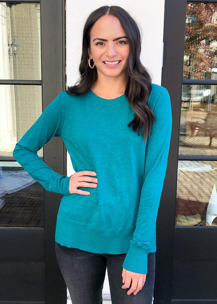 Bobi Essential Long Sleeve Crew Neck Tee - Jade-Hand In Pocket