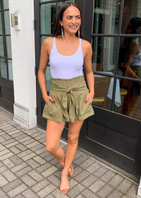 ASTR The Label Marika Belted Shorts-Olive-Hand In Pocket