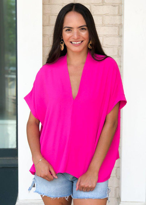 Karlie Hot Pink Essential V Neck Blouse-Hand In Pocket