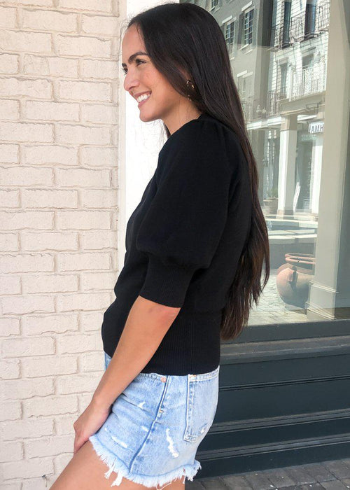 Girl Next Door Puff Sleeve Sweater- Black-Hand In Pocket