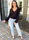 Bobi Smocked Waist Long Sleeve V-Neck Blouse - Black-Hand In Pocket