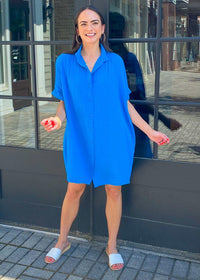 Stark X Button Front Shirtdress-Azure-Hand In Pocket