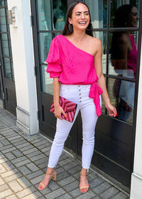 Aires One Shoulder Puff Sleeve Top- Hot Pink ***FINAL SALE***-Hand In Pocket